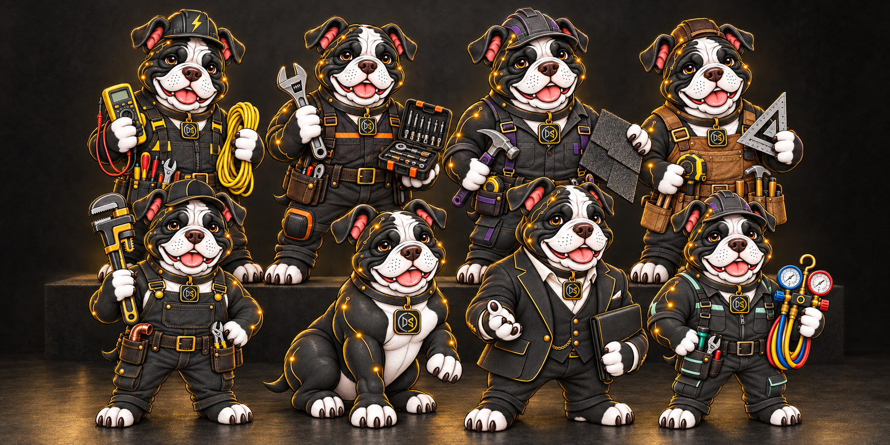 Data Hound with Pipe Hound, Capital Hound, Wire Hound, Repair Hound, Roof Hound, Renovation Hound, and AirHound together as the DataSquad family