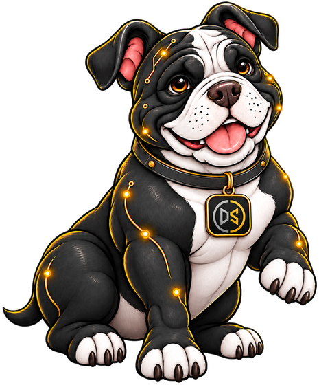 Data Hound, the black and gold DataSquad bulldog mascot